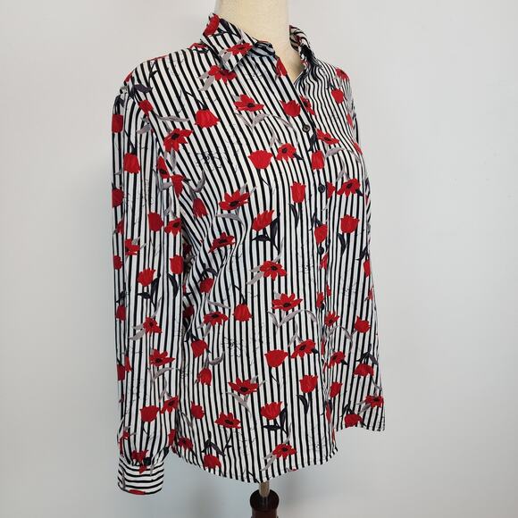 Vintage Alia Rose Print Career Blouse Size 14 Red Stripe Button Up Long Sleeve - Picture 4 of 14